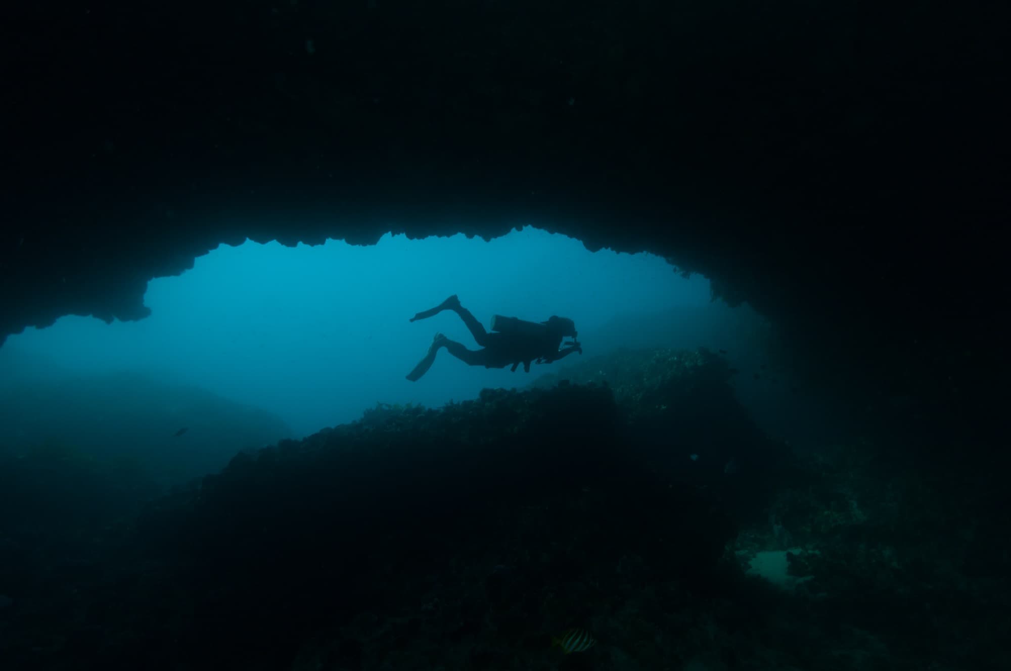 A diver silhouetted against blue light inside an underwater cave opening